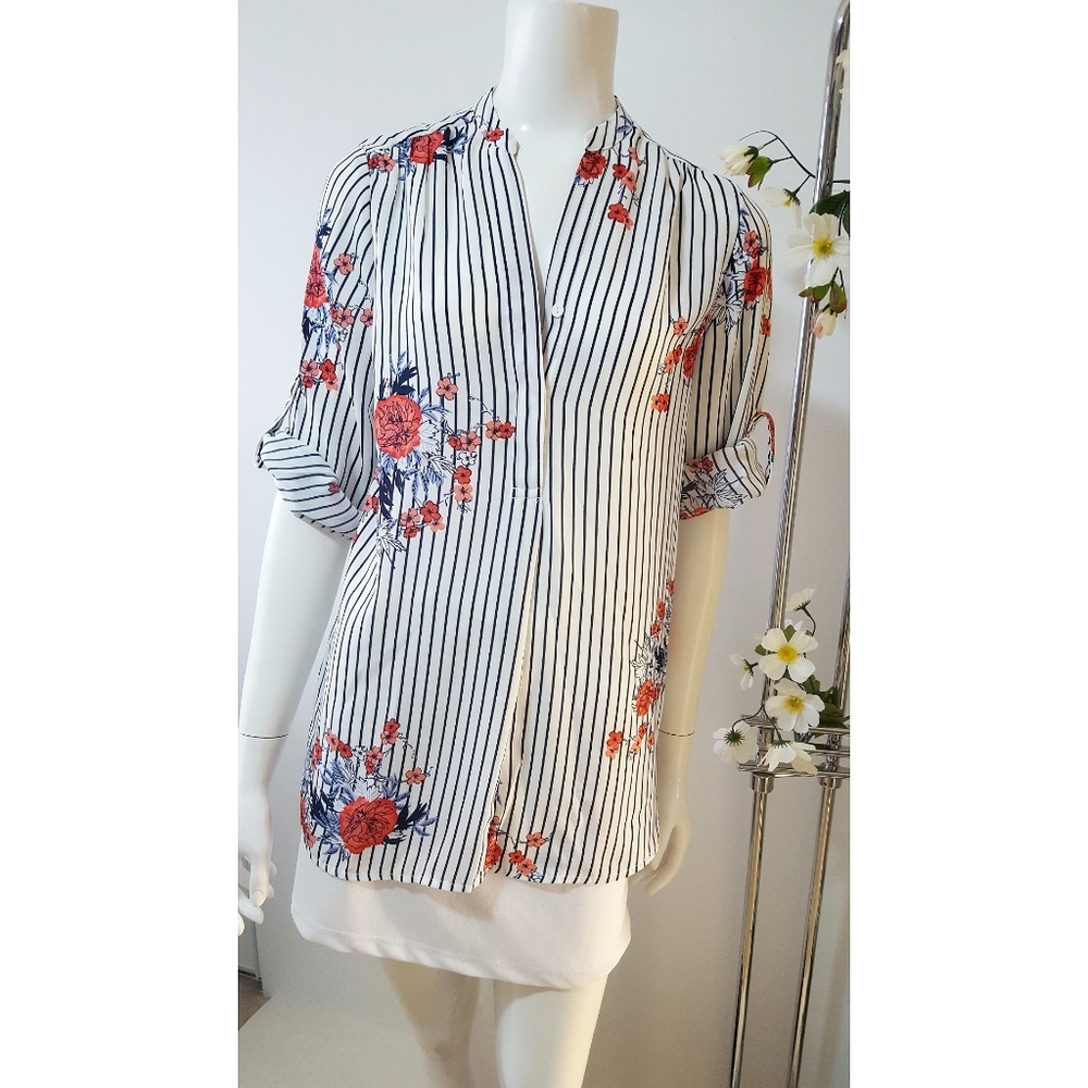Mandee Vintage Floral Striped 3/4 Sleeve Chiffon Top - Picture 4 of 12